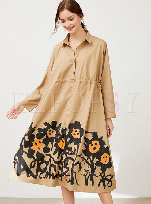 Plus Size Long Sleeve Printed Midi Shirt Dress