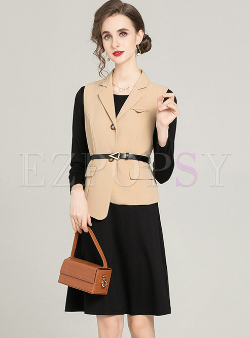 Belted Blazer Vest & Long Sleeve Little Black Dress