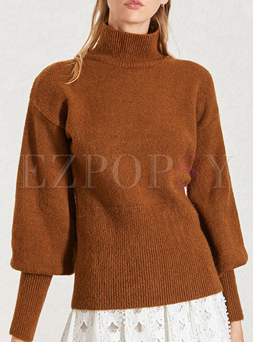 Turtleneck Pullover Lantern Sleeve Sweater