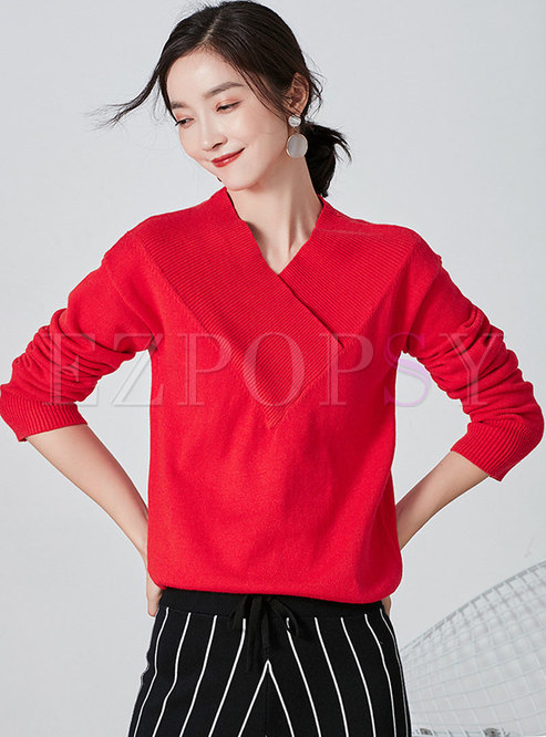 V-neck Long Sleeve Ribbed Pullover Sweater