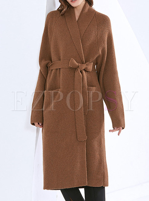 V-neck Loose Mid-length Wrap Cardigan Coat