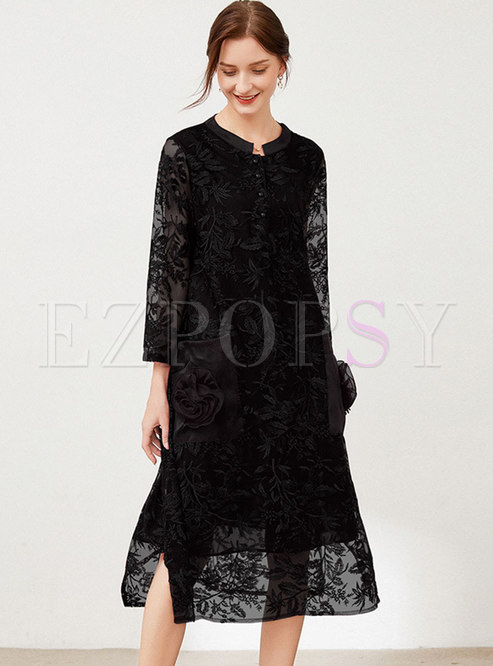 Plus Size Long Sleeve Openwork Lace Midi Dress