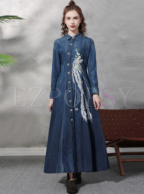 Long Sleeve Embroidered Single-breasted Denim Dress