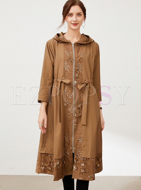 Plus Size Hooded Embroidered Loose Trench Coat