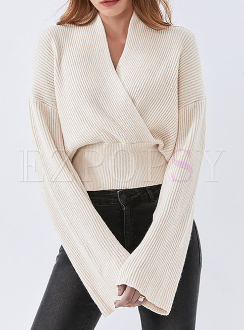 V-neck Long Sleeve Ribbed Cropped Sweater