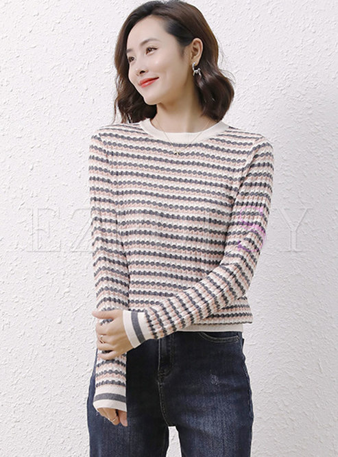Crew Neck Striped Cable-knit Pullover Sweater