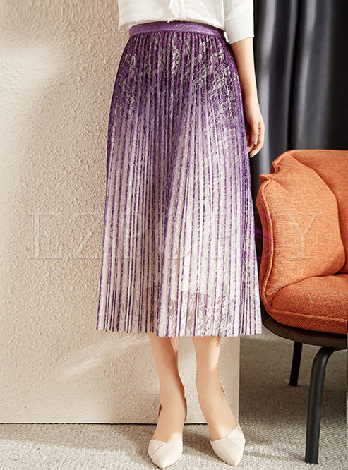 High Waisted A Line Pleated Lace Maxi Skirt