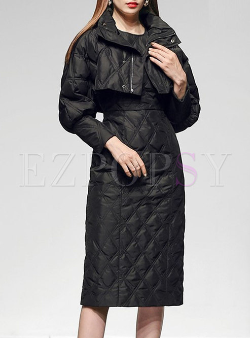 Lantern Sleeve Quilted cropped Down Coat With Slim Dress