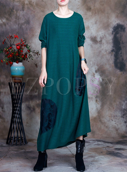 Plus Size Long Sleeve Printed Long Sweater Dress