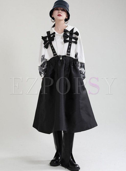 High Waisted Bowknot Midi Suspender Skirt