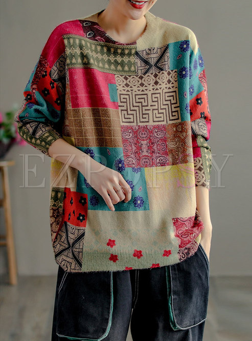 Crew Neck Pullover Geometric Print Sweater