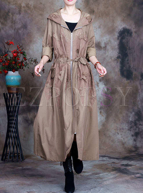Plus Size Hooded Long Drawstring Trench Coat