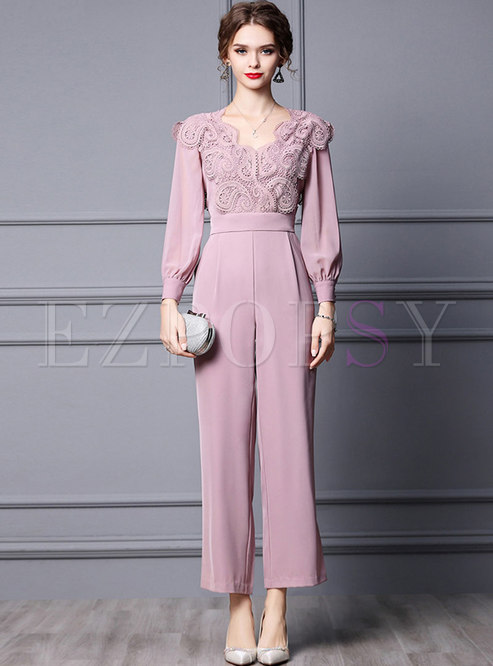 Long Sleeve Lace High Waisted Wide Leg Jumpsuits
