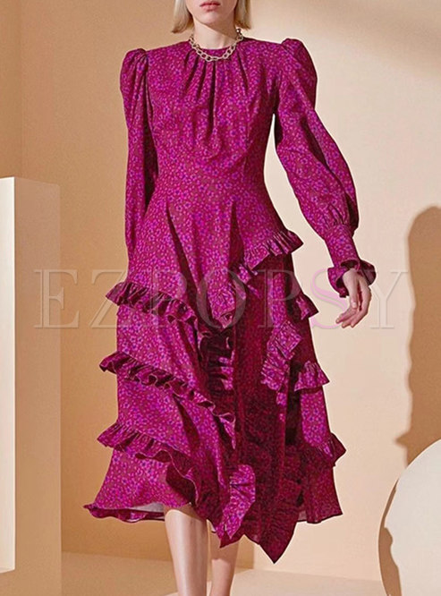 Puff Sleeve Floral Ruffle Midi Dress