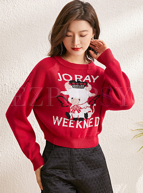 Animal Pattern Pullover Long Sleeve Cropped Sweater