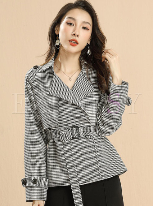 Plaid Belted Short Straight Trench Coat