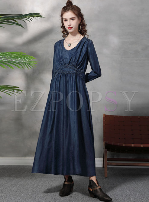 Plus Size Long Sleeve Ruched Denim Maxi Dress