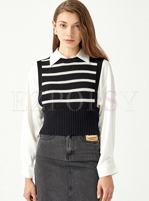 Crew Neck Striped Ribbed Pullover Sweater Vest