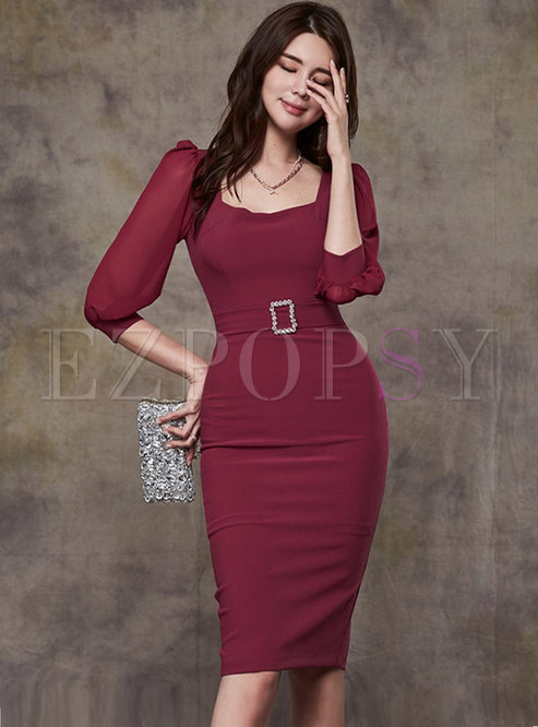 Sexy Square Neck Belted Cocktail Pencil Dress
