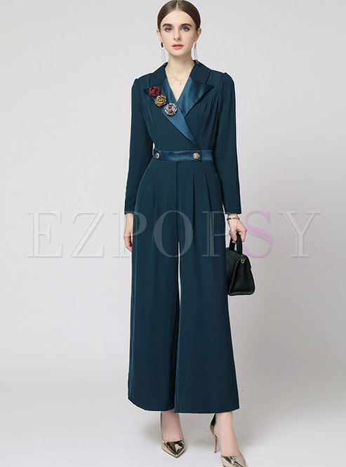 Notched Collar High Waisted Wide Leg Jumpsuits