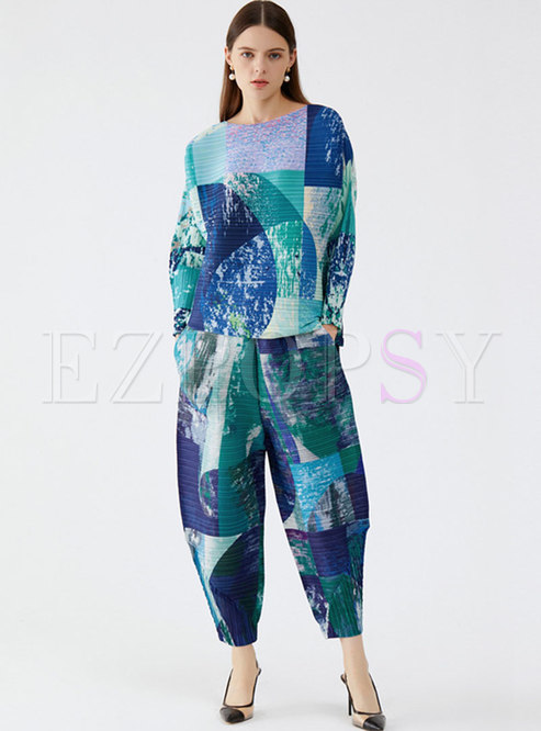 Crew Neck Geometric Print Pleated Harem Pant Suits