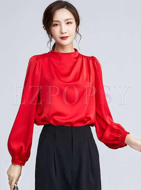 Mock Neck Pullover Ruched Chiffon Blouse