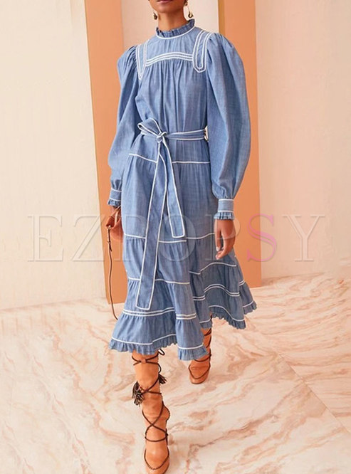 Puff Sleeve Bowknot Tiered Long Dress