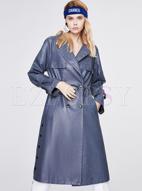 Double-breasted Drawstring Leather Trench Coat