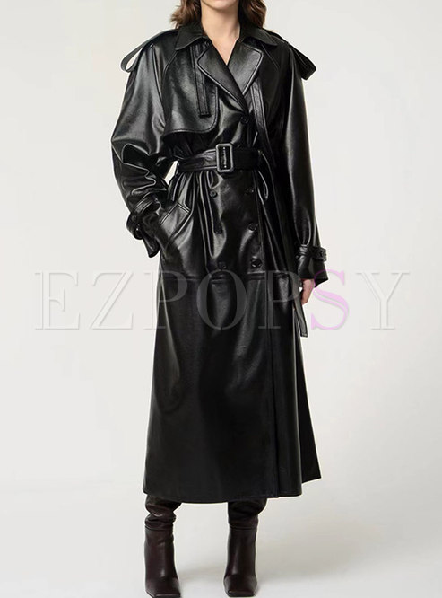 Double-breasted Faux Leather Long Trench Coat
