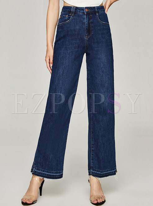 Casual High Waisted Straight Split Jeans
