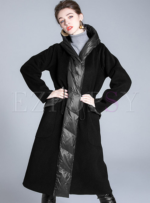 Hooded Woolen Patchwork Straight Plus Size Down Coat