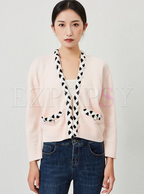 Sweet V-neck Beaded Cable-knit Short Cardigan