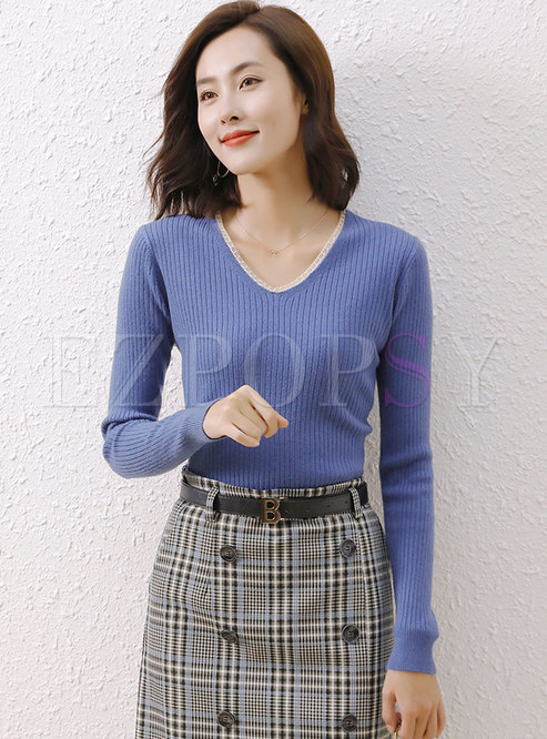 V-neck Long Sleeve Pullover Ribbed Sweater