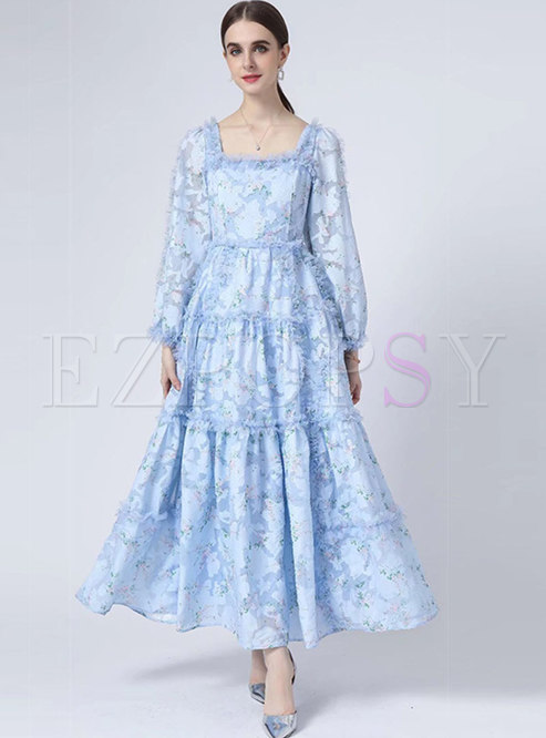 Sweet Square Neck Long Sleeve Floral Party Dress