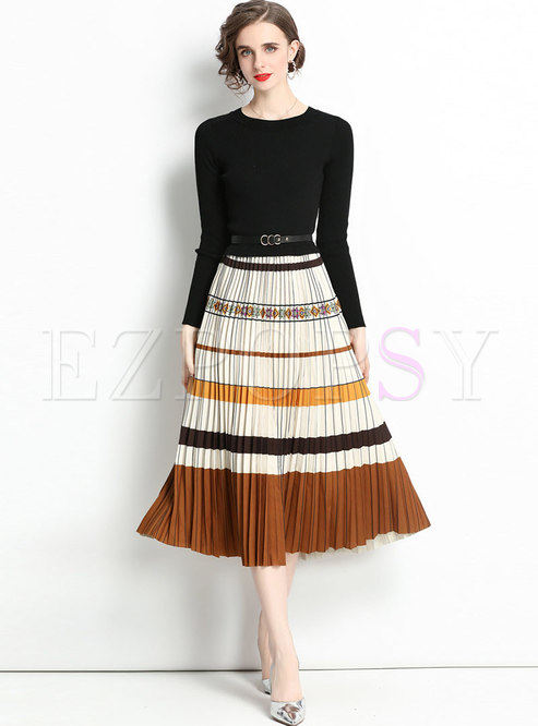 Long Sleeve Belted Sweater Pleated Long Dress