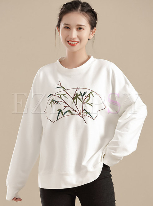 Crew Neck Long Sleeve Pullover Loose Print Tee