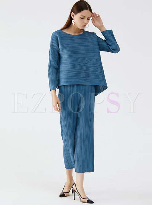 Crew Neck Long Sleeve Pleated Straight Pant Suits