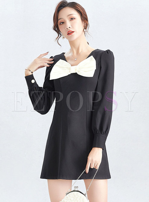 Sweet V-neck Bowknot Long Sleeve Mini Dress