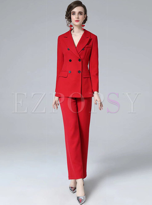 Double-breasted Red Blazer & Wide Leg Pants
