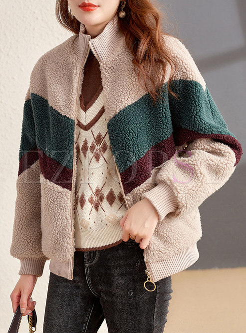 Stylish Color Blocked Lamb Wool Coat