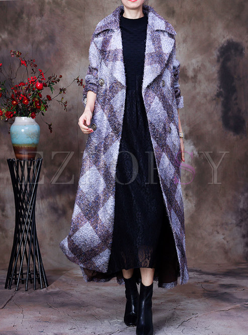 Lapel Plaid Double-breasted Long Wool Peacoat