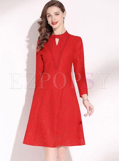 Red Openwork Long Sleeve Lace Wedding Dress