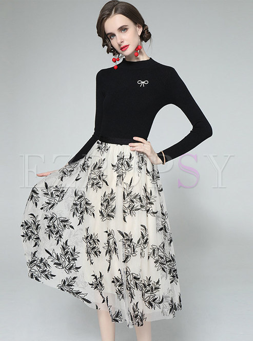 Long Sleeve Pullover Sweater & Print Mesh Midi Skirt