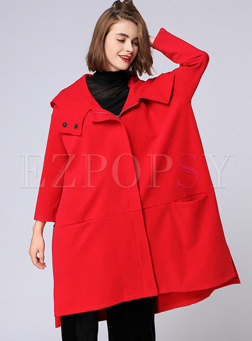 Plus Size Hooded Straight Mid-length Trench Coat