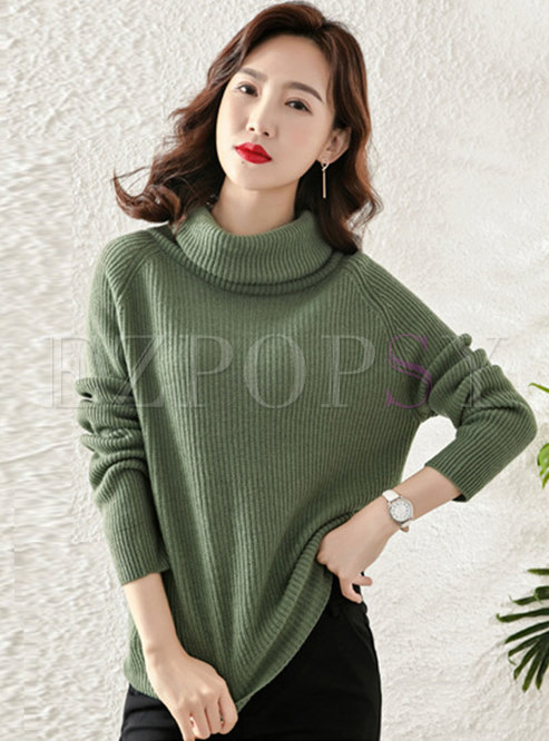 Turtleneck Pullover Ribbed Loose Wool Sweater