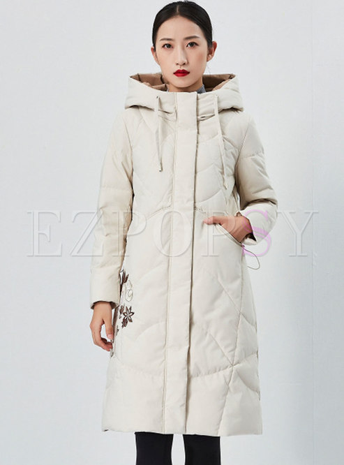 Embroidered Hooded Midi Down Coat