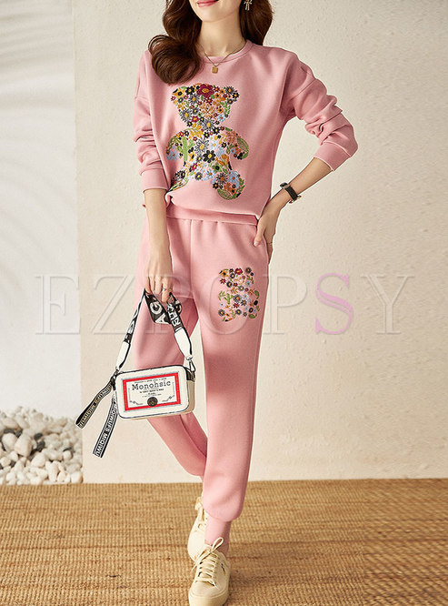 Casual Bear Embroidered Pullover Sweatpant Suits