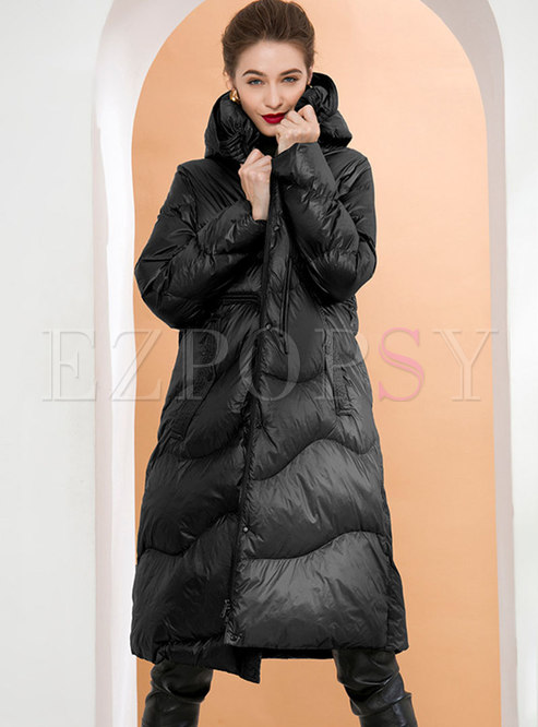 Outwear | Down Coats | Hooded Drawstring Shiny A Line Down Coat