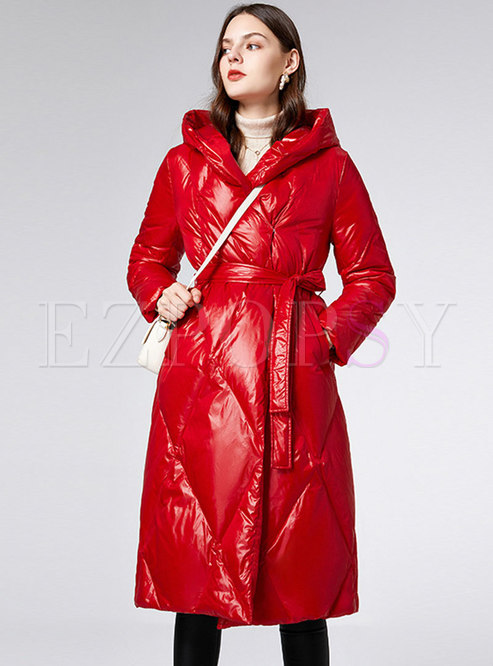 Belted Hooded Shiny Red Midi Down Coat