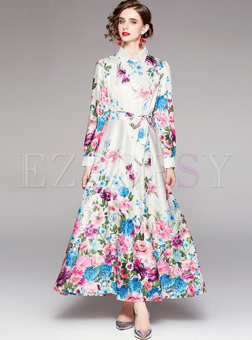 Court Floral Long Sleeve Formal Maxi Dress